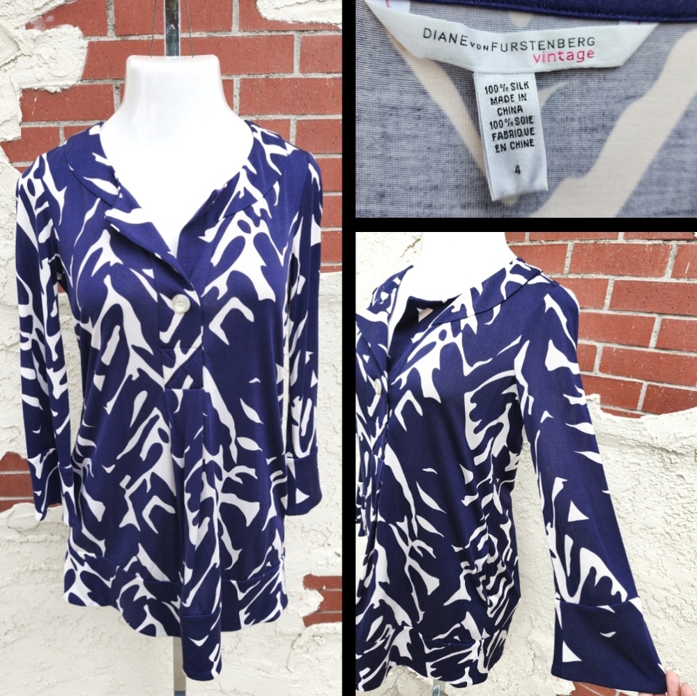 4 Diane Von Furstenberg Silk tunic 3/4 long sleeve blue white - shirt ? dress ?
